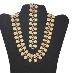 Unmarked VTG MCM Gold Tone Textured Double Disc Link Necklace & Bracelet Set‎